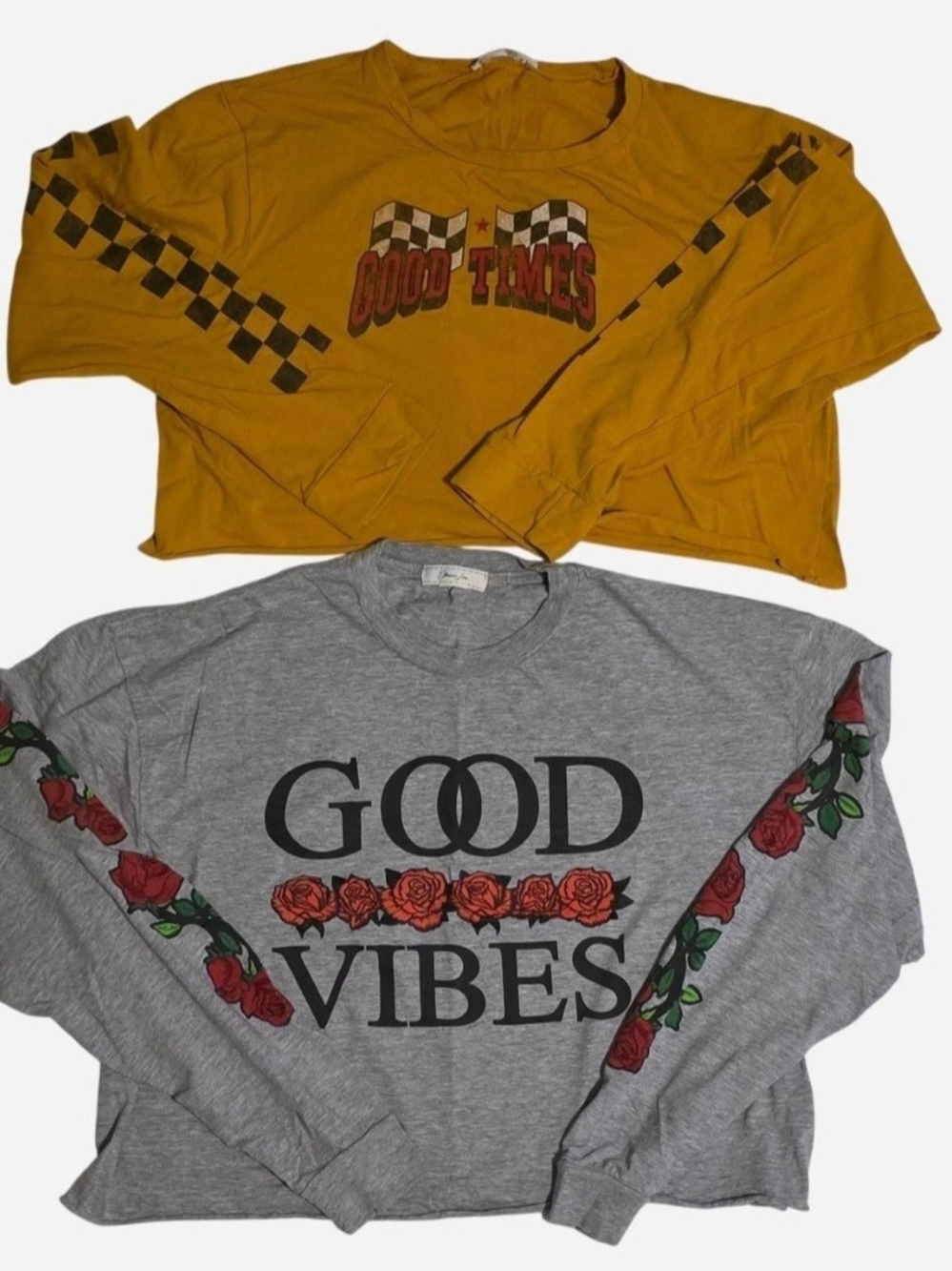 Lot of 2 Obsessive Love Long Sleeve Graphic Tees Mustard Checkerboard Rose Crop